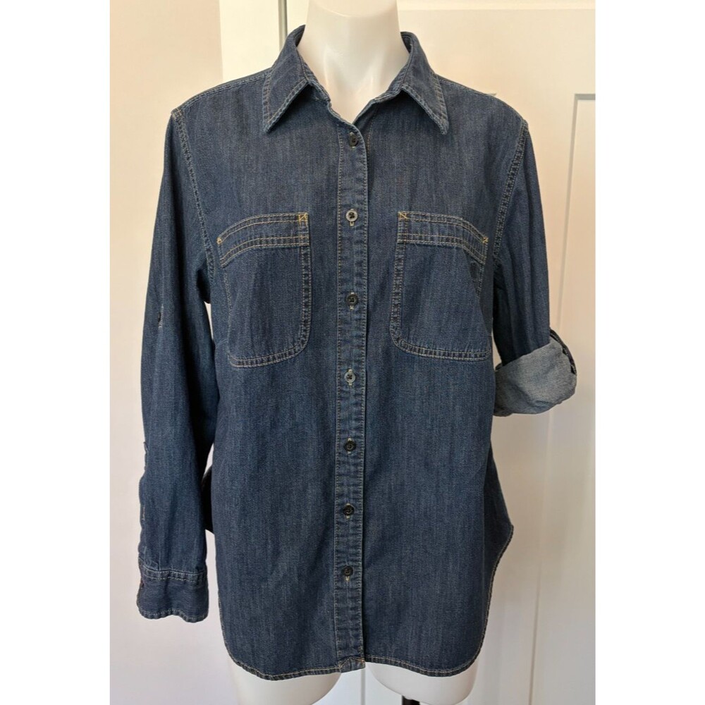 Ralph Lauren Womens Button TOP Long Tabbed Sleeve Blue Denim Size 1X